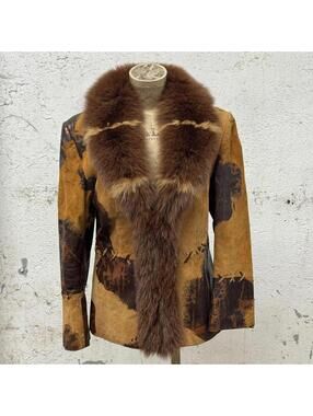 Vintage Y2K Brown Genuine Leather & Fox Fur Jacket